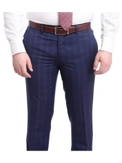 Mens Slim Fit Navy Blue With Blue & Maroon Windowpane Two Button Wool Suit