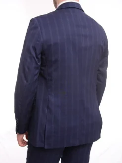 Mens Slim Fit Navy Blue With Blue & Maroon Windowpane Two Button Wool Suit