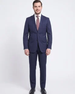 Mens Slim Fit Navy Blue With Blue & Maroon Windowpane Two Button Wool Suit