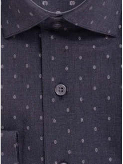Mens Slim Fit Navy Blue With Oval Motif Spread Collar Cotton Dress Shirt