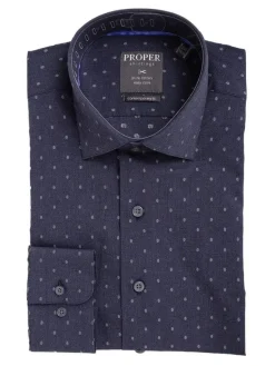 Mens Slim Fit Navy Blue With Oval Motif Spread Collar Cotton Dress Shirt