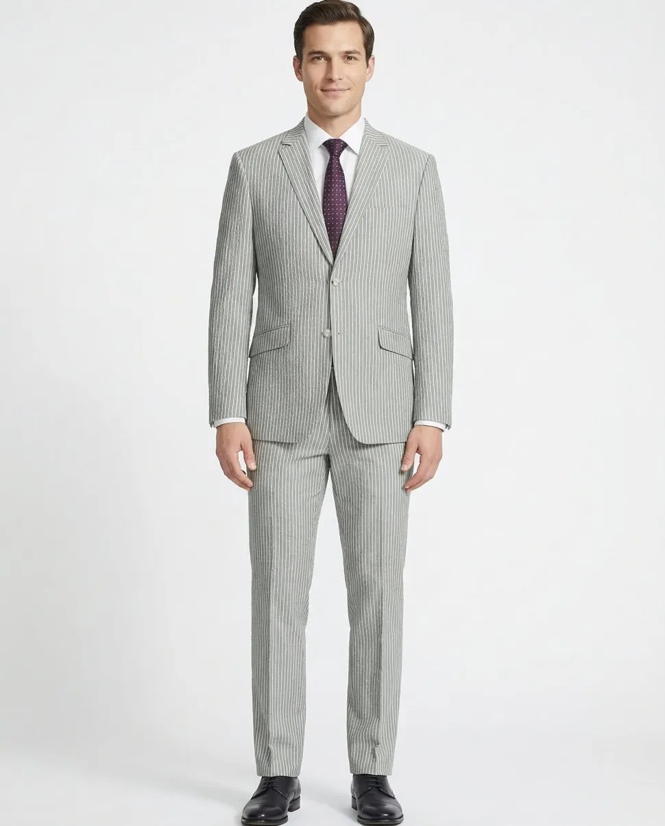 Men's Slim Fit Notch Lapels Gray Stripe Cotton Suits