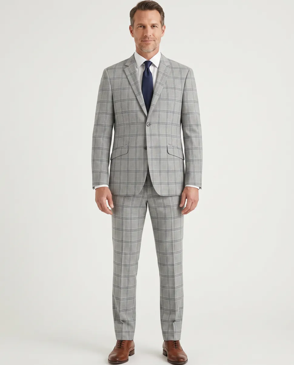 Men's Slim Fit Notch Lapels Light Gray Check Suits