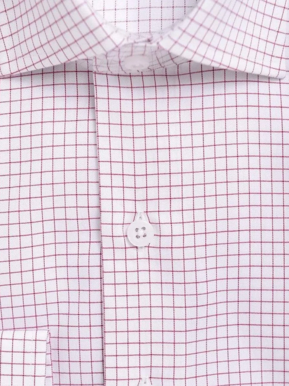Mens Slim Fit Red & White Check Spread Collar Cotton Dress Shirt