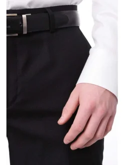 Mens Slim Fit Solid Black Flat Front Wool Prehemmed Dress Pants