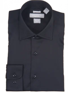Mens Slim Fit Solid Black Spread Collar Wrinkle Free 100% Cotton Dress Shirt