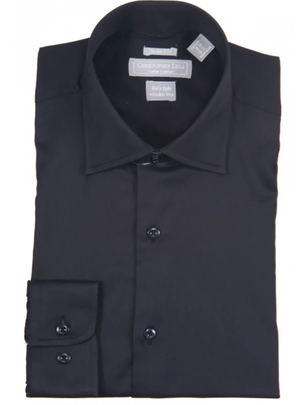 Mens Slim Fit Solid Black Spread Collar Wrinkle Free 100% Cotton Dress Shirt