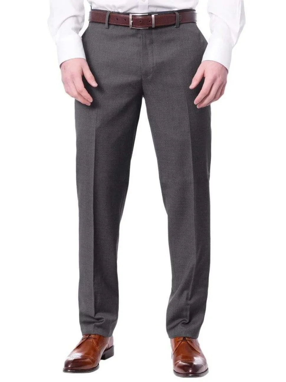Mens Slim Fit Solid Medium Gray Flat Front Wool Dress Pants