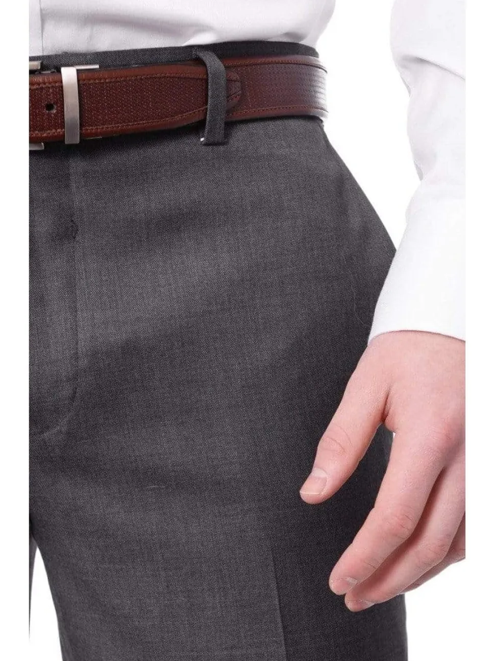 Mens Slim Fit Solid Medium Gray Flat Front Wool Dress Pants