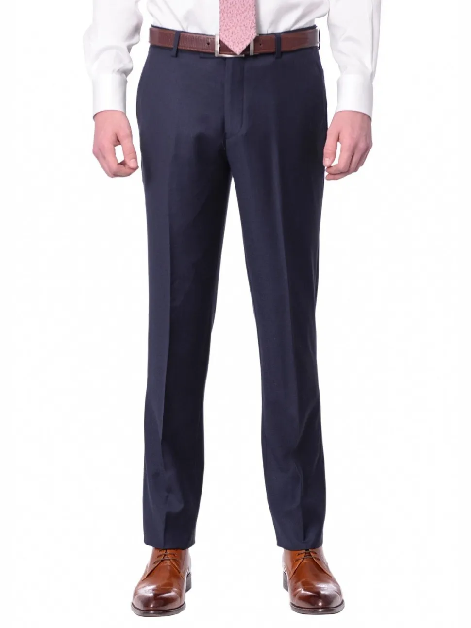 Mens Slim Fit Solid Navy Blue Flat Front Wool Dress Pants