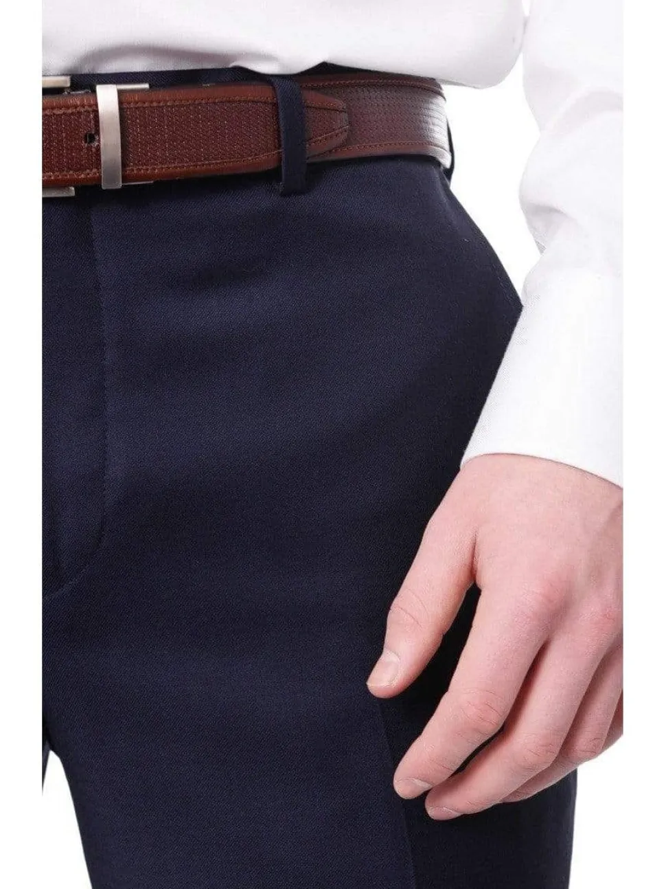 Mens Slim Fit Solid Navy Blue Flat Front Wool Dress Pants