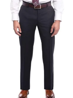 Mens Slim Fit Solid Navy Blue Flat Front Wool Dress Pants