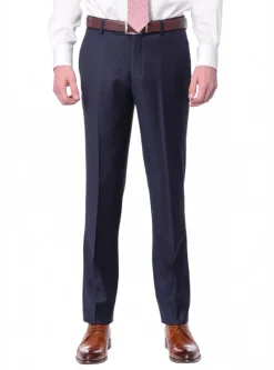 Mens Slim Fit Solid Navy Blue Flat Front Wool Prehemmed Dress Pants