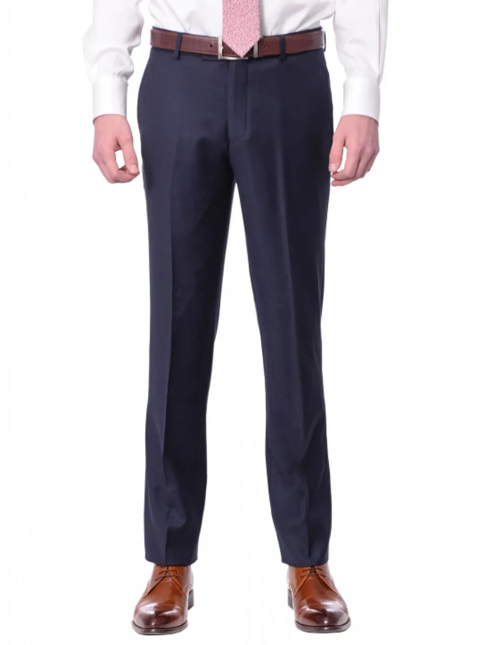 Mens Slim Fit Solid Navy Blue Flat Front Wool Prehemmed Dress Pants