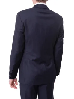 Men's Slim Fit Solid Navy Blue Two Button Wrinkle Resistant 100% Wool Suit