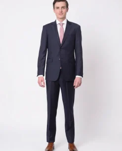 Men's Slim Fit Solid Navy Blue Two Button Wrinkle Resistant 100% Wool Suit