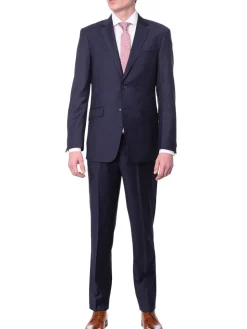 Men's Slim Fit Solid Navy Blue Two Button Wrinkle Resistant 100% Wool Suit
