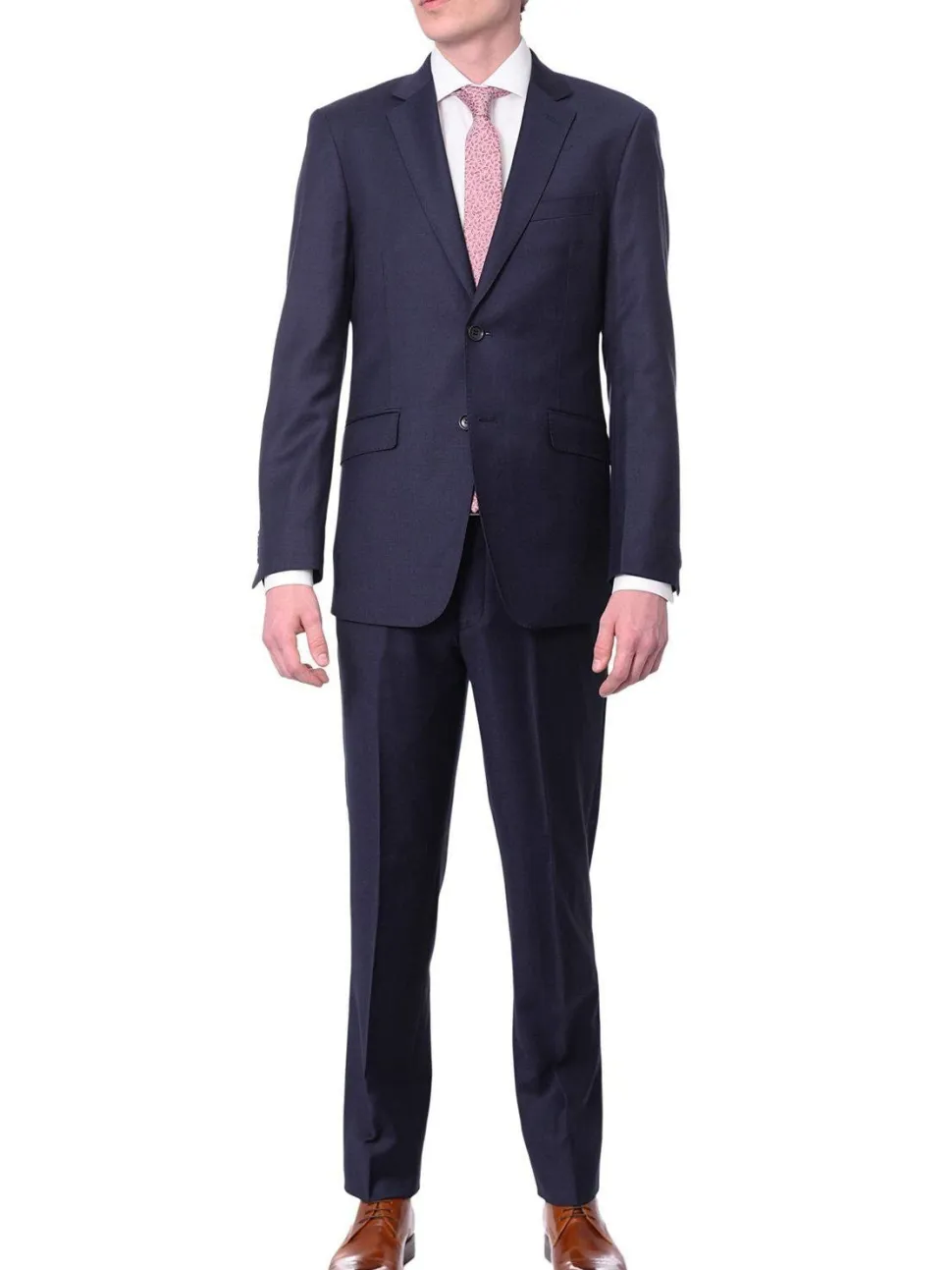 Men's Slim Fit Solid Navy Blue Two Button Wrinkle Resistant 100% Wool Suit