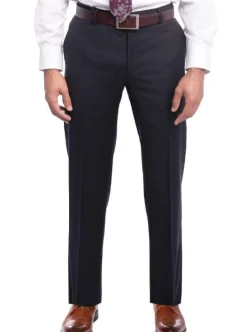 Mens Slim Fit Solid Navy Flat Front Wool Prehemmed Dress Pants