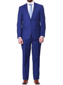 Mens Slim Fit Two Button 100% Wool Wrinkle Resistant Suit - Royal Blue