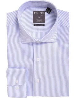 Mens Slim Fit White & Blue Textured Stripe Spread Collar Cotton Dress Shirt