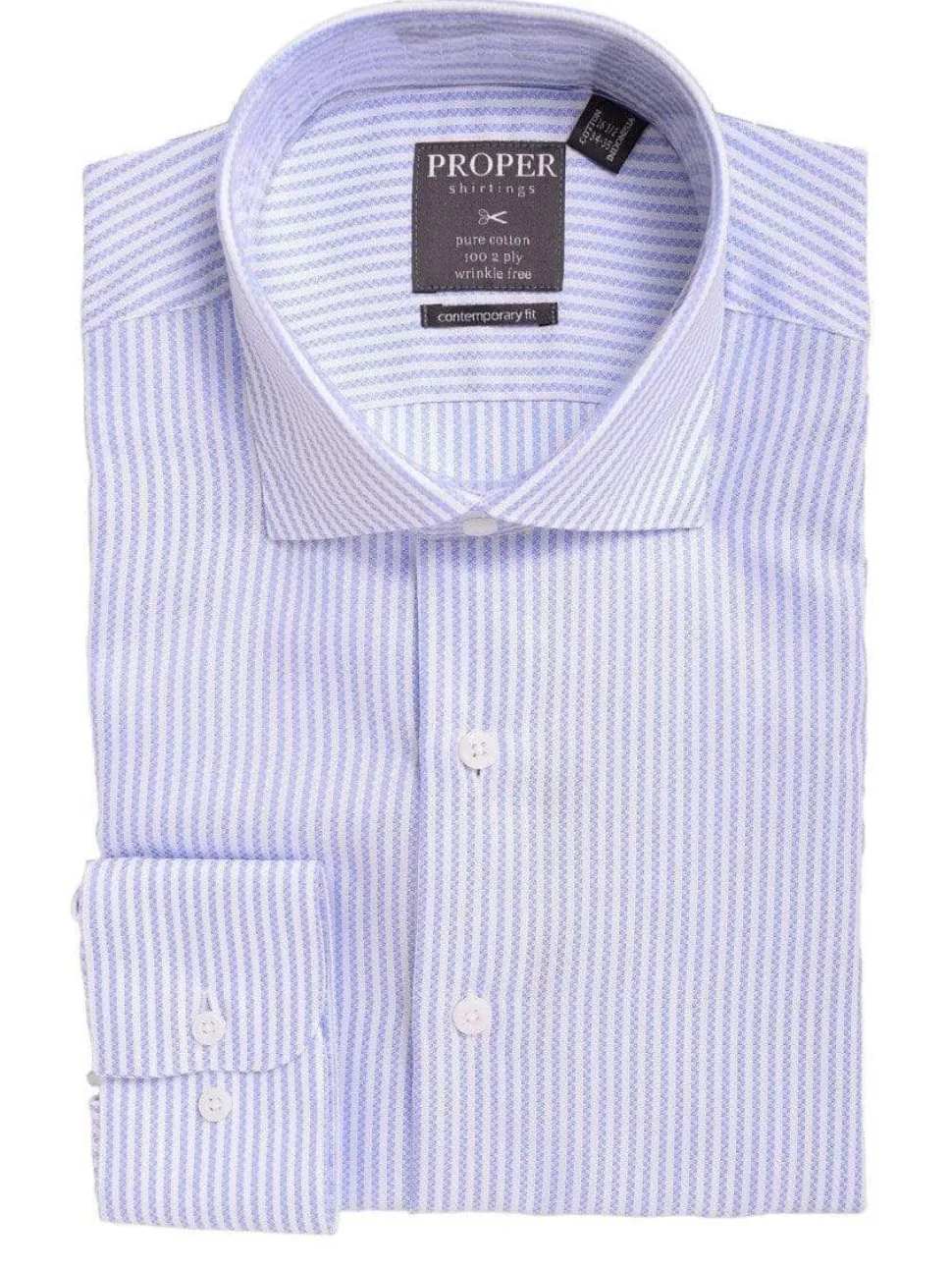 Mens Slim Fit White & Blue Textured Stripe Spread Collar Cotton Dress Shirt