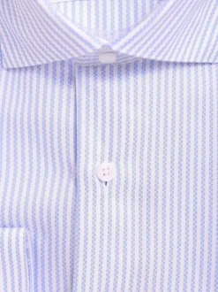 Mens Slim Fit White & Blue Textured Stripe Spread Collar Cotton Dress Shirt