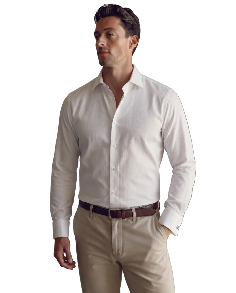 Mens Slim Fit White Textured Spread French Cuff Wrinkle Free Cotton Dress Shirt