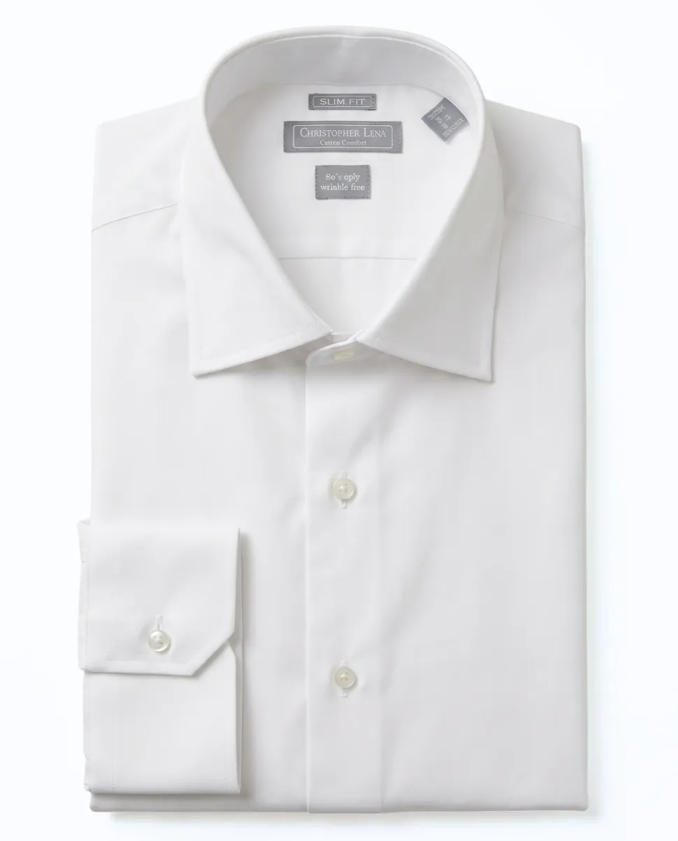 Mens Slim Fit White Textured Spread French Cuff Wrinkle Free Cotton Dress Shirt