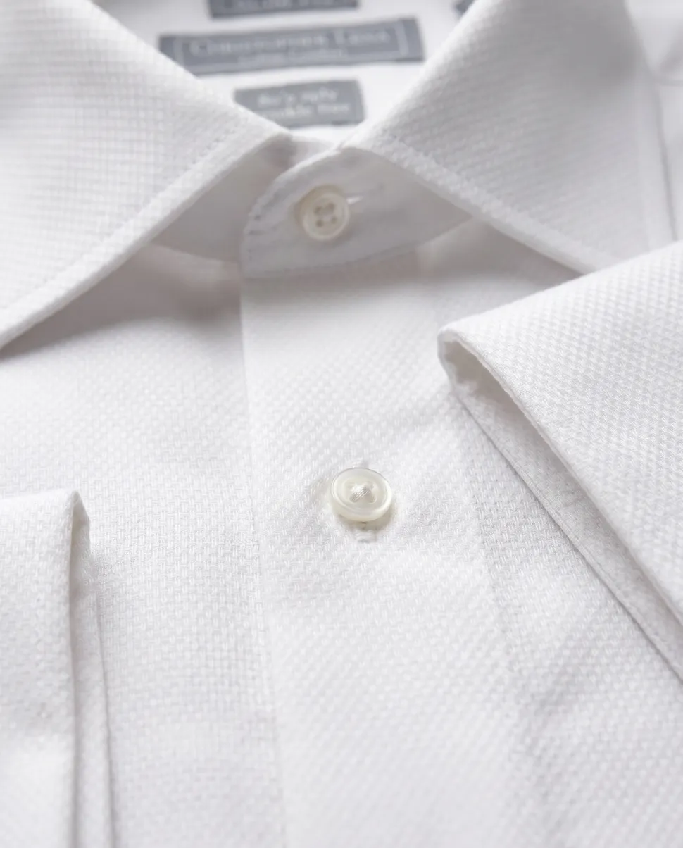 Mens Slim Fit White Textured Spread French Cuff Wrinkle Free Cotton Dress Shirt