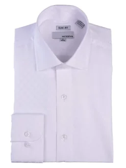 Mens Slim Fit White Tonal Diamond Pattern Spread Collar Cotton Blend Dress Shirt