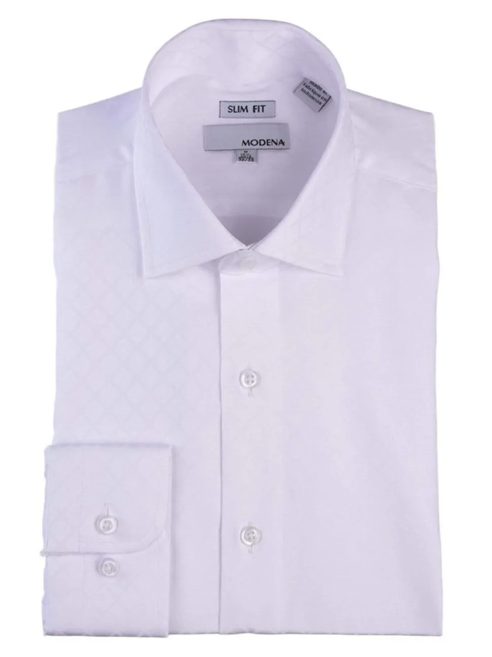 Mens Slim Fit White Tonal Diamond Pattern Spread Collar Cotton Blend Dress Shirt