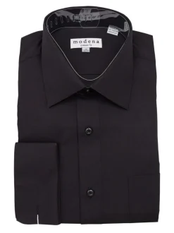 Mens Solid Black Regular Fit Point Collar French Cuff Dress Shirt