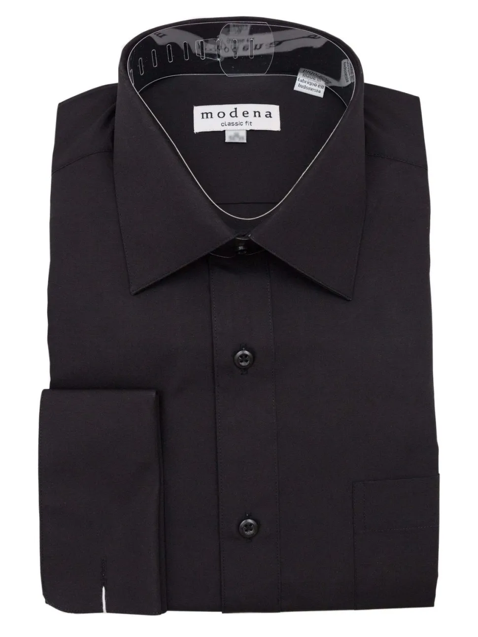 Mens Solid Black Regular Fit Point Collar French Cuff Dress Shirt
