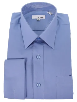 Mens Solid Blue Regular Fit Spread Collar French Cuff Dress Shirt