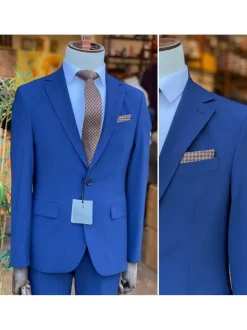 Mens Solid Blue Slim Fit 100% Stretch Wool Prehemmed Suit