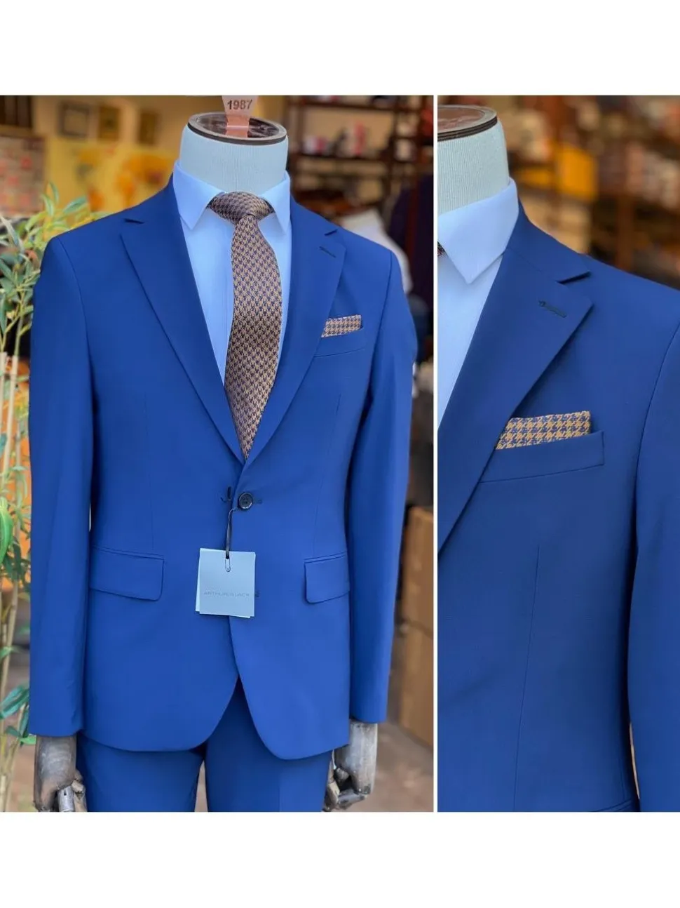 Mens Solid Blue Slim Fit 100% Stretch Wool Prehemmed Suit
