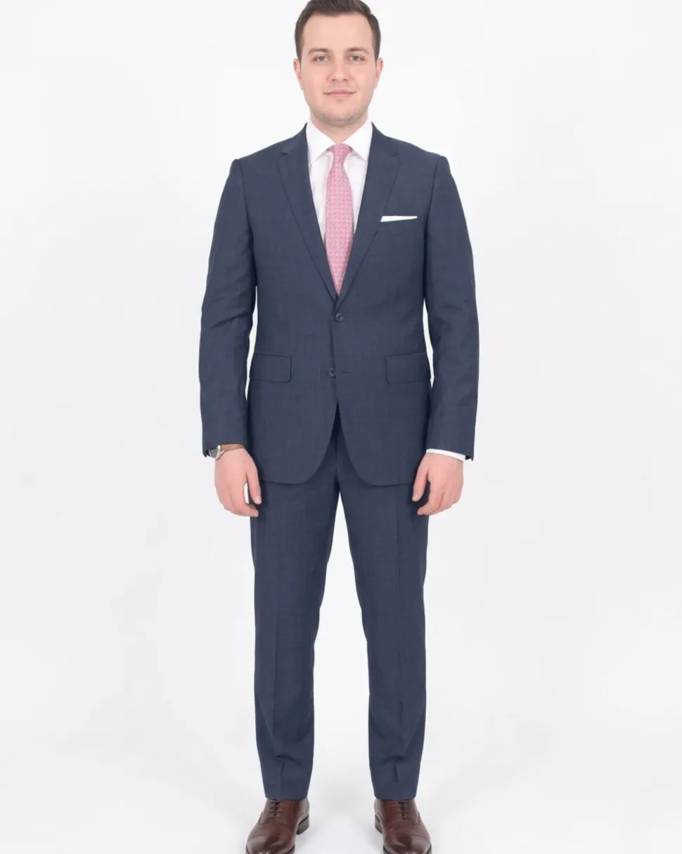 Mens Solid Blue 100% Wool Slim Fit 2 Button 2 Piece Suit