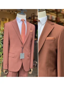Mens Solid Brown Slim Fit 100% VBC Wool Prehemmed Suit