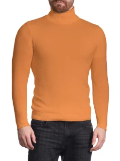 Men's Solid Copper Orange Pullover Cotton Blend Turtleneck Sweater