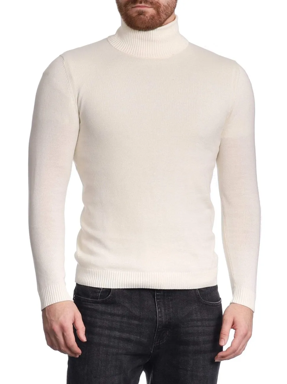 Men's Solid Cream Pullover Cotton Blend Turtleneck Sweater