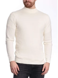 Men’s Solid Cream Pullover Cotton Blend Mock Neck Sweater