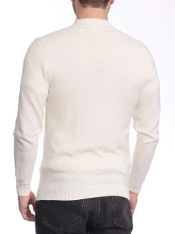 Men’s Solid Cream Pullover Cotton Blend Mock Neck Sweater