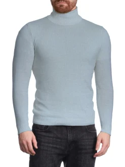 Men's Solid Light Blue Pullover Cotton Blend Turtleneck Sweater