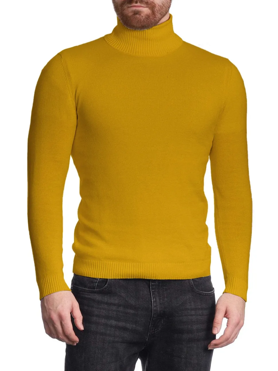 Men's Solid Mustard Pullover Cotton Blend Turtleneck Sweater