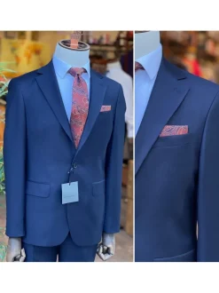 Mens Solid Navy Blue Slim Fit 100% VBC Wool Prehemmed Suit