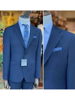 Mens Solid Navy Blue Slim Fit 100% VBC Wool Prehemmed Suit