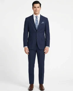 Mens Solid Navy Blue Slim Fit 100% VBC Wool Prehemmed Suit