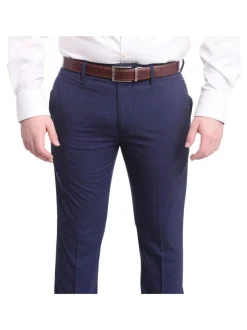 Mens Solid Navy Slim Fit Flat Front 4 Way Stretch Dress Pants