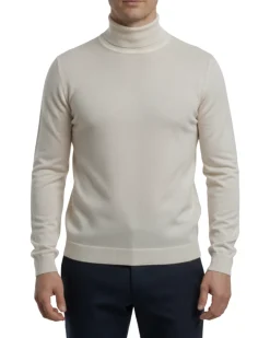 Men's Solid Oatmeal Pullover Cotton Blend Turtleneck Sweater